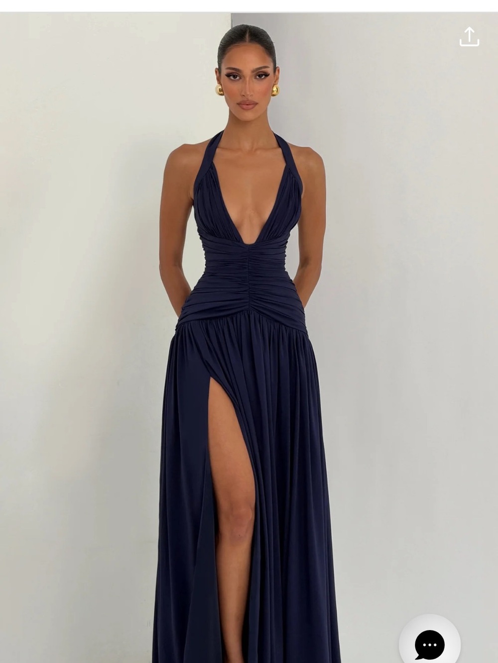 Plunging Navy Halter Maxi Dress with High Slit